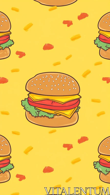 Cheeseburger pattern pops over bold yellow background.
