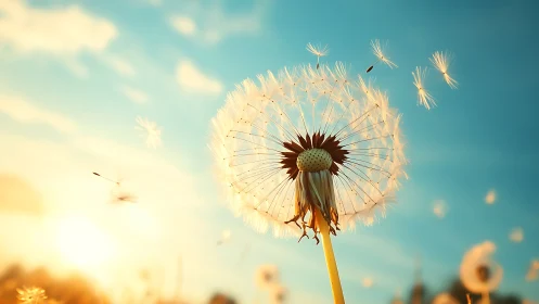 Sunlit dandelion wishes drifting across a painted sky.
