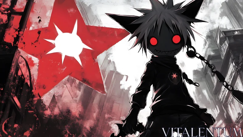 Red eyed shadow figure before distressed urban star mural.