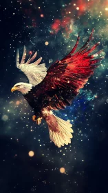 Cosmic bald eagle with red wings soaring in starry space.
