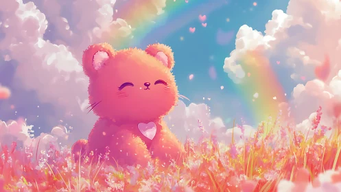 Cartoon bear sits in stylized meadow beneath rainbow sky