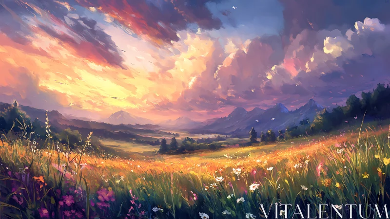 Sunset-illuminated alpine meadow with wildflowers and distant peaks.