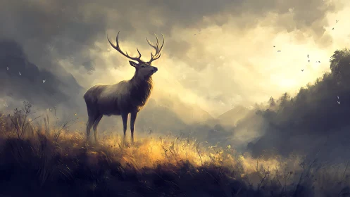 Stag stands on sunlit ridge within misty mountain valley