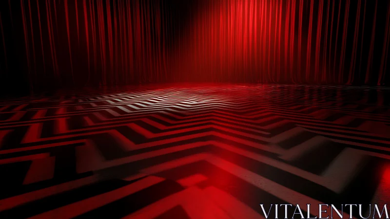 Red-lit zigzag stage floor deepens a moody theatrical space