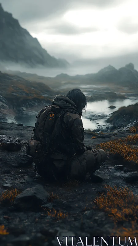 Solitary trekker resting beside a mist-laden mountain river.