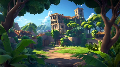 Sunlit jungle stronghold surrounds weathered stone fortress.