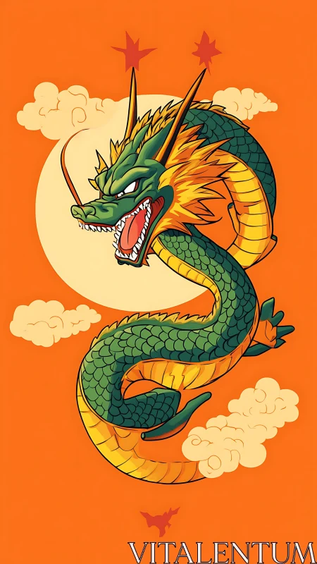 Coiled emerald dragon against bold orange sunlit sky.