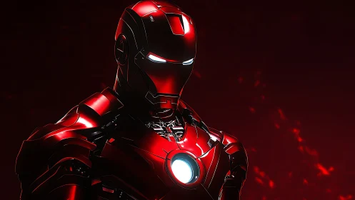 Red armored humanoid robot stands against dark red background