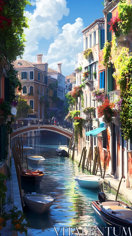 Sunlit canal serenade under flower-draped Venetian balconies.