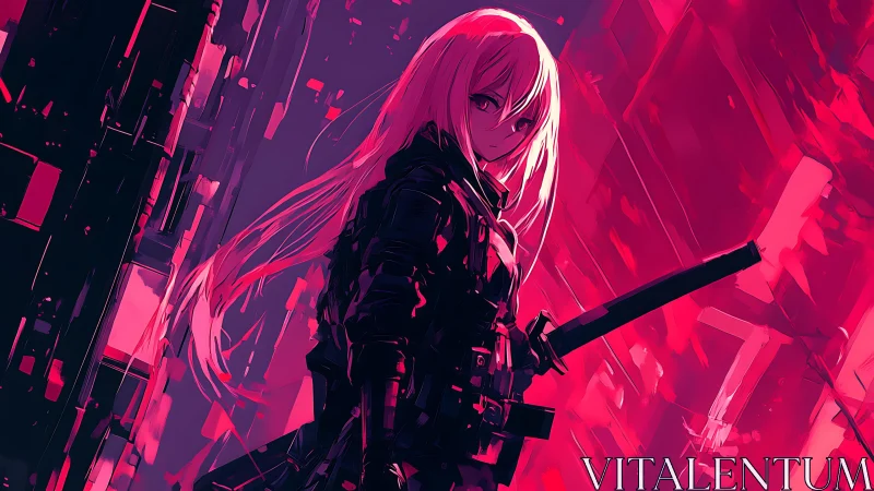 Neon cyberpunk swordswoman in crimson urban battlefield.