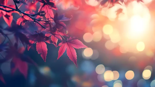 Crimson maple leaves sip sunset light in dreamy autumn haze