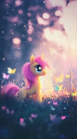 Pastel unicorn pony glows amid dreamy bokeh meadow.