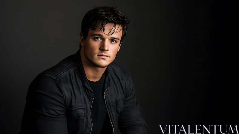 Male subject sits in studio portrait under controlled lighting