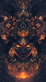 Mythic fire goddess portrait with ornate lotus crown and embers