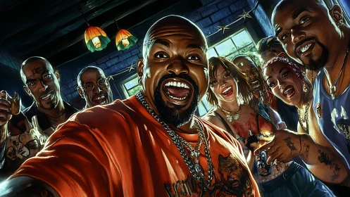 Intense group selfie under hard backlight with saturated palette.