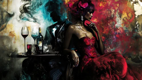 Elegant woman in red gown shares table with shadow lover