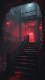 Red haunted staircase inhales shadows beneath cold skylight