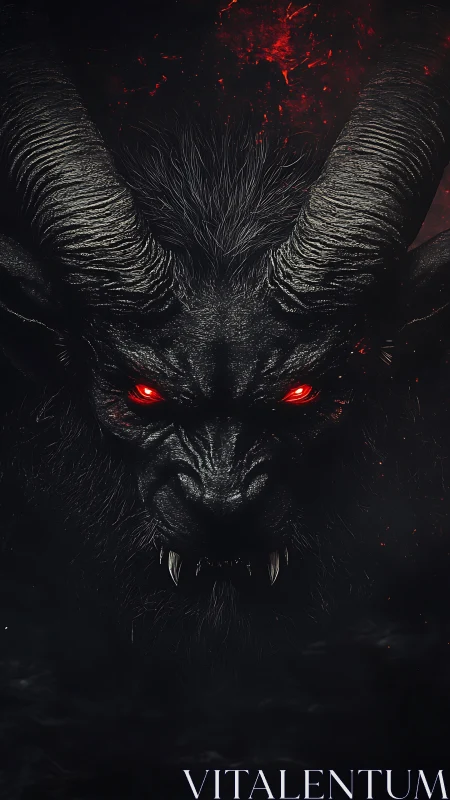 Horned shadow beast with ember eyes emerging from dark.