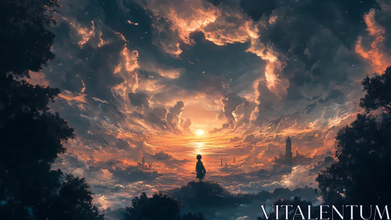 Solitary wanderer gazes toward a luminous fantasy sunrise.