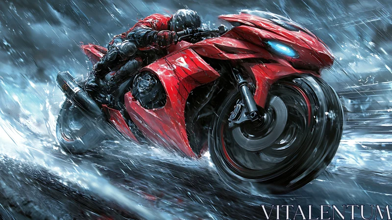 Motorcyclist on red sport bike in heavy rain on wet road.