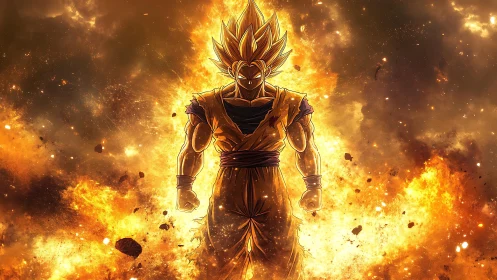 Blazing warrior stands tall in a storm of golden energy