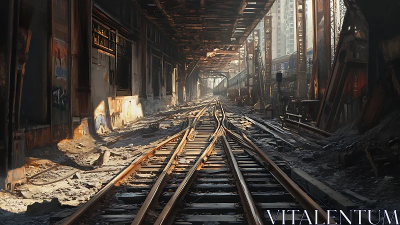 Rust-bitten railways braid light through a forgotten station