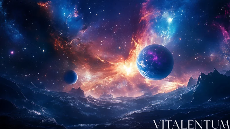 Digital nebula vistas with twin planets above alien terrain.