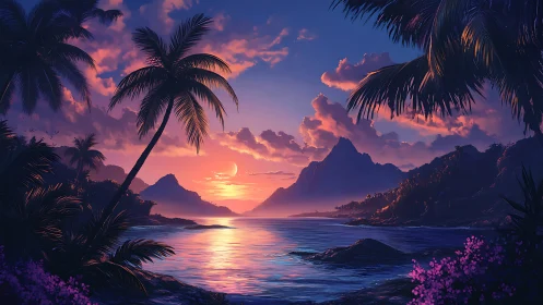 Dreamy tropical sunset cove wrapped in soft twilight glow.