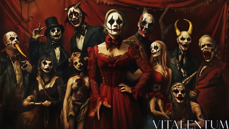 Macabre clown ensemble poses in baroque horror tableau lighting