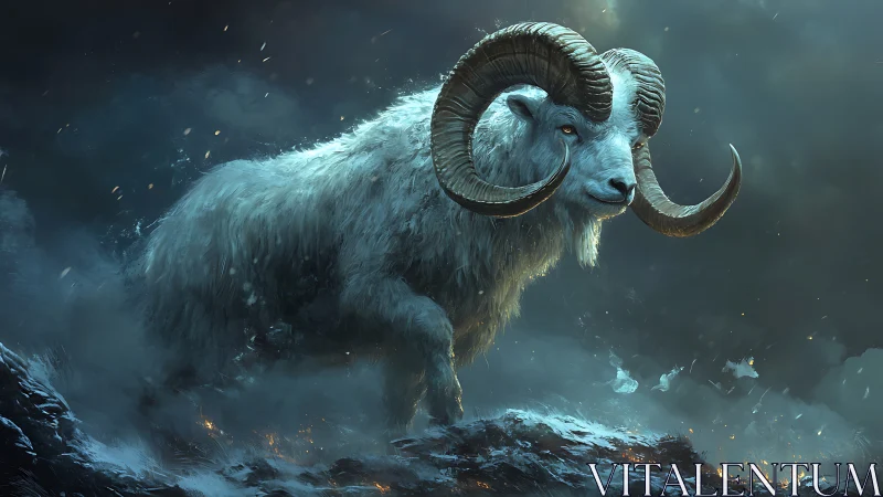 Majestic horned ram in stormlit tundra, digital painting.