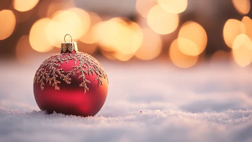 Ruby bauble daydreams quietly in a snowfall of lights