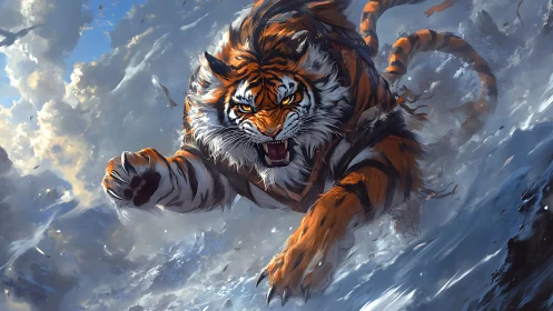 Tiger charges through snow with dynamic frontal perspective