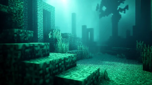 Underwater voxel ruins extend into a hazy teal distance