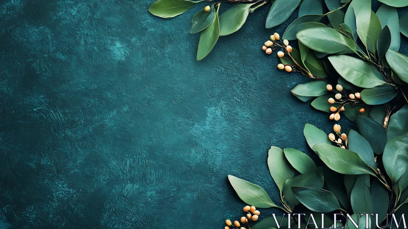 Green foliage border over textured teal stone backdrop.