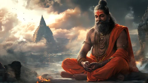 Meditating sage overlooks mythic temple city amid storm clouds