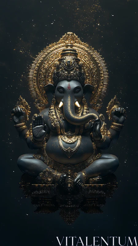 Radiant Ganesha statue glows softly in ornate golden splendor