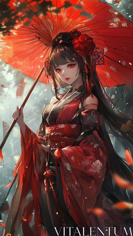 Crimson parasol shelters a silent shrine garden sorceress