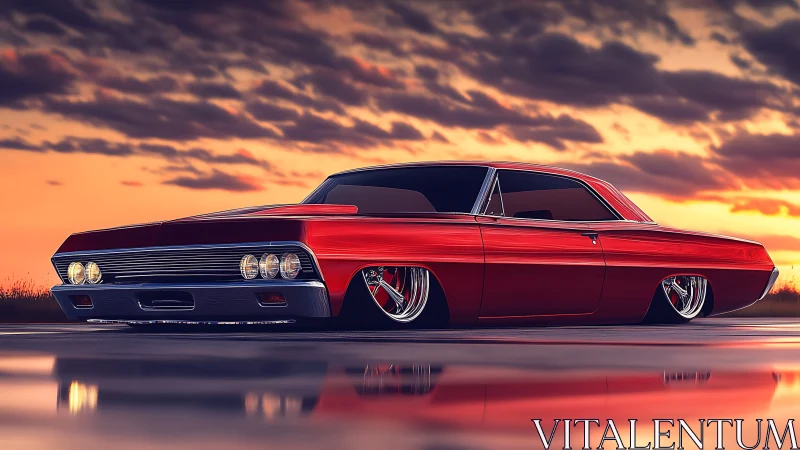 Lowrider muscle car gleams against a cinematic sunset sky