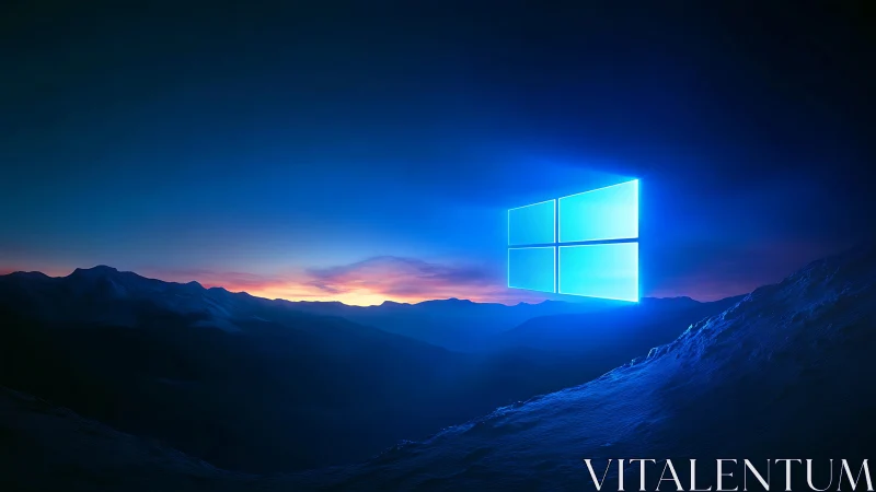 Glowing window logo hovering above polar dusk mountain ridge