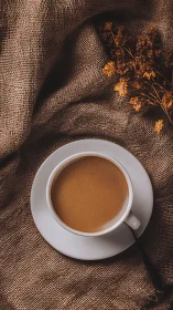 White ceramic coffee cup on burlap fabric with dried flowers.