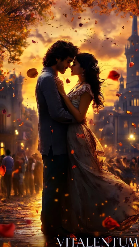 Urban Romance in Golden Hour with Falling Leaves Effect.