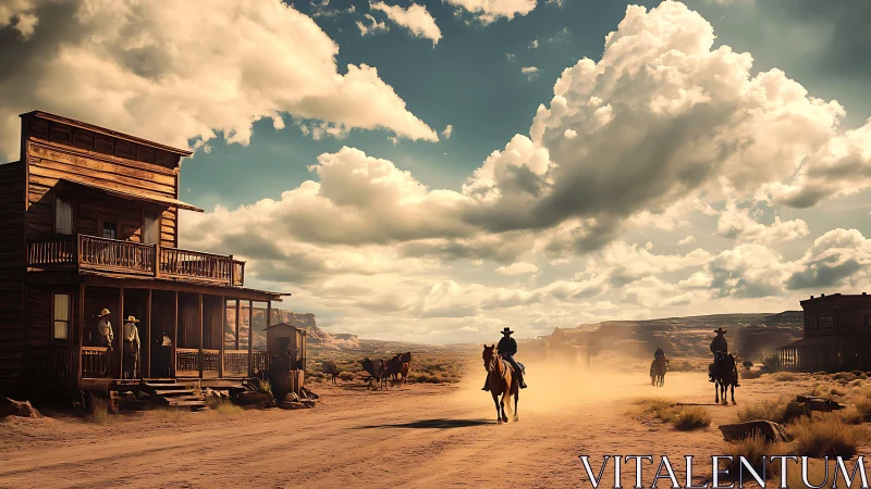 High-contrast western street with horseback riders under volumetric clouds
