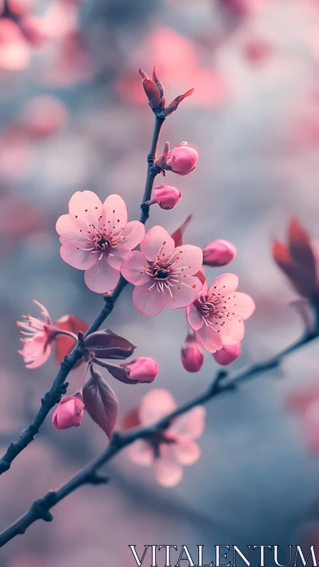 Spring Blossom Branch with Pink Cherry Flowers and Buds.