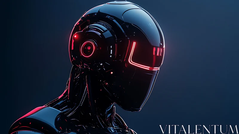 Futuristic black android portrait with red neon interface.
