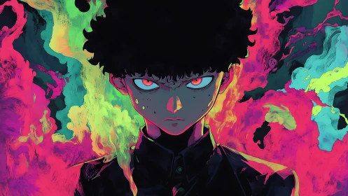 Anime boy with glowing eyes amid neon smoke clouds.