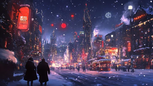 Neon winter cityscape glows under snowfall and festive lights.