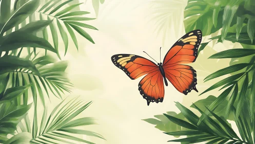 Digital painting of monarch butterfly within tropical foliage.