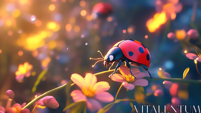 Ladybug on pastel flowers in soft glowing garden scene.