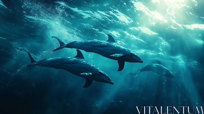 Pod of dolphins swimming through deep blue ocean light.