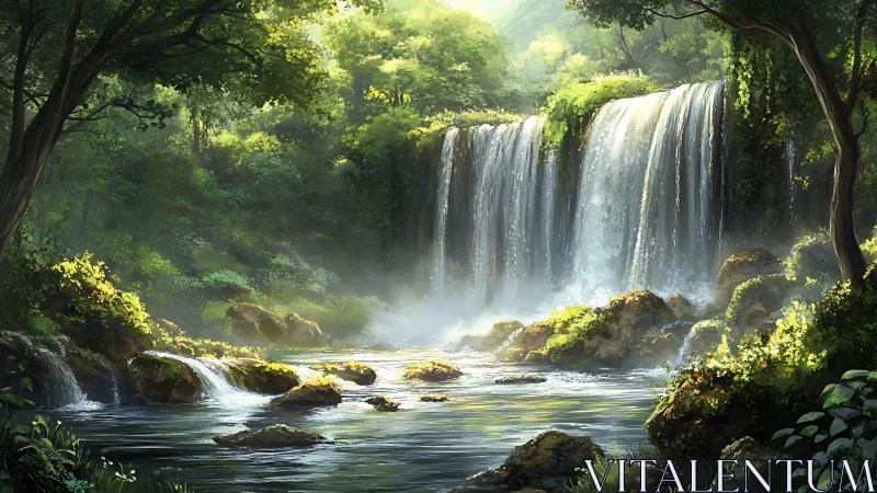 Cascading Waterfall Hidden Among Lush Forest Canopy